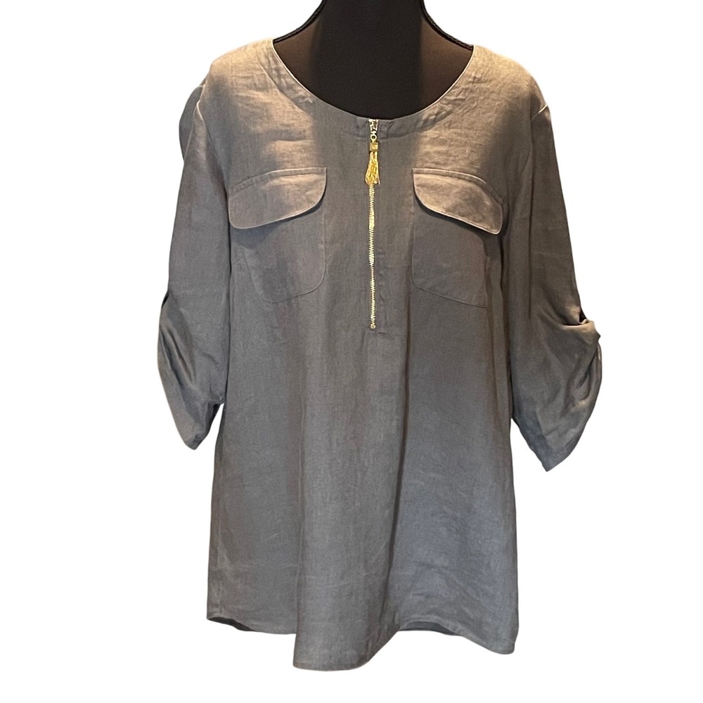 Ellen Tracy Linen Tunic Top Gray Roll Tab Sleeve Gold Zip M Coastal Lagenlook